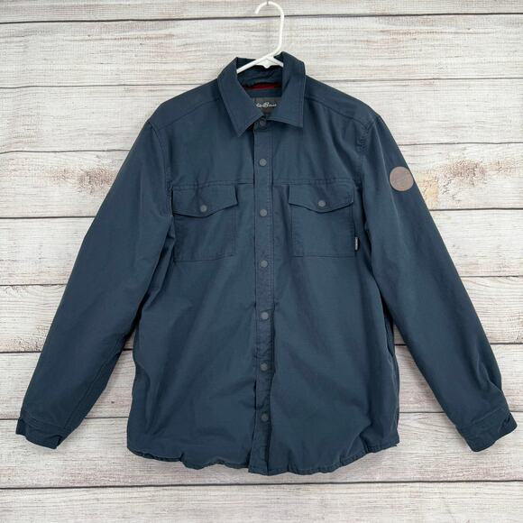 Eddie Bauer Flannel Lined Snap Down Jacket Mens Medium Navy Blue - Picture 1 of 16